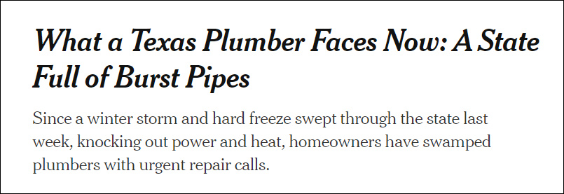 极寒之后大量居民水管破裂 美国得州水管工忙疯了