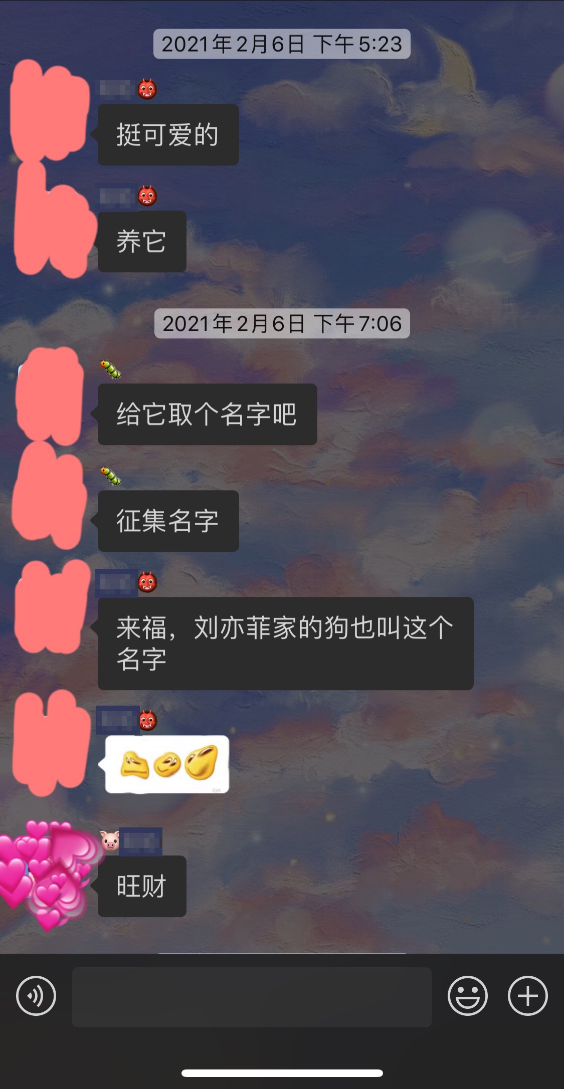 莎莎2月6日下午7时许，与好友最后一条聊天记录 ，莎莎给狗取名为“旺财”。莎莎的好友供图