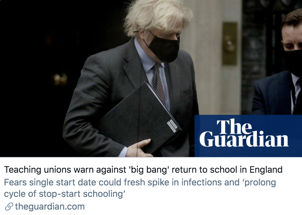 英国国家教育联盟发出警告称，不要让大流行回归到学校中。/ 《卫报》报道截图