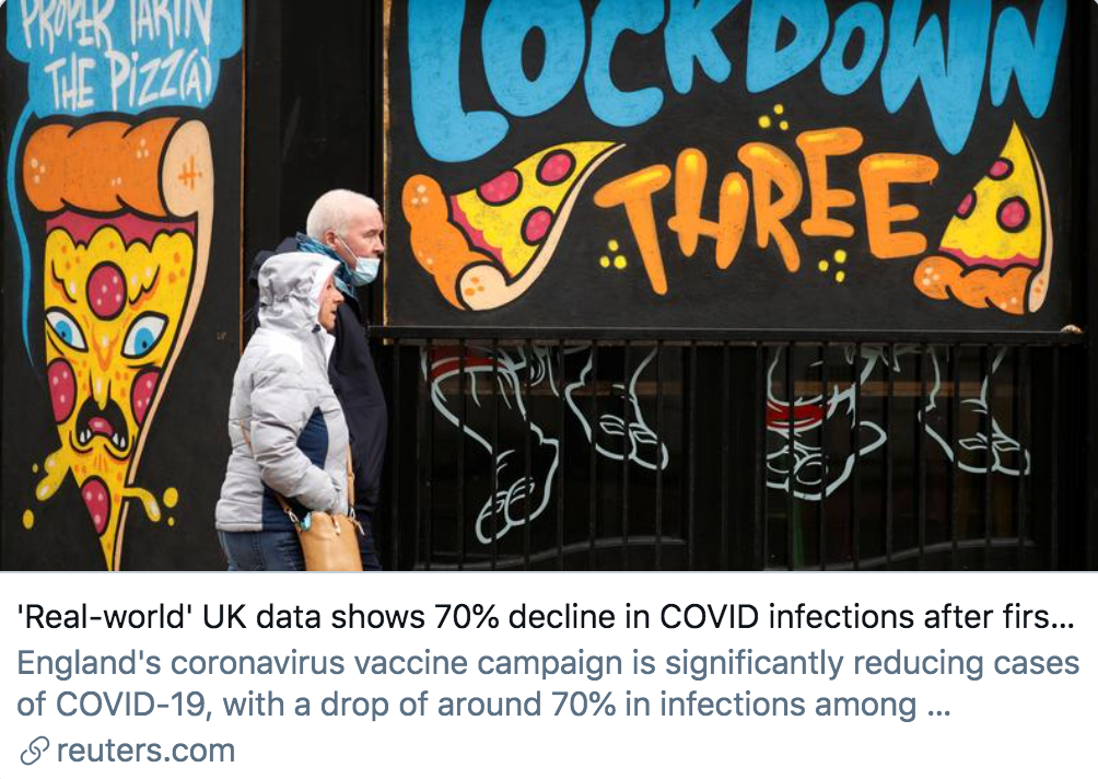真实的英国疫情数据显示，注射新冠疫苗之后，（一线防疫工作者）感染比例下降大约70%。/ 路透社报道截图