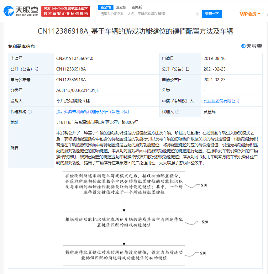 比亚迪公布“基于车辆游戏功能键位键值配置方法及车辆”发明专利