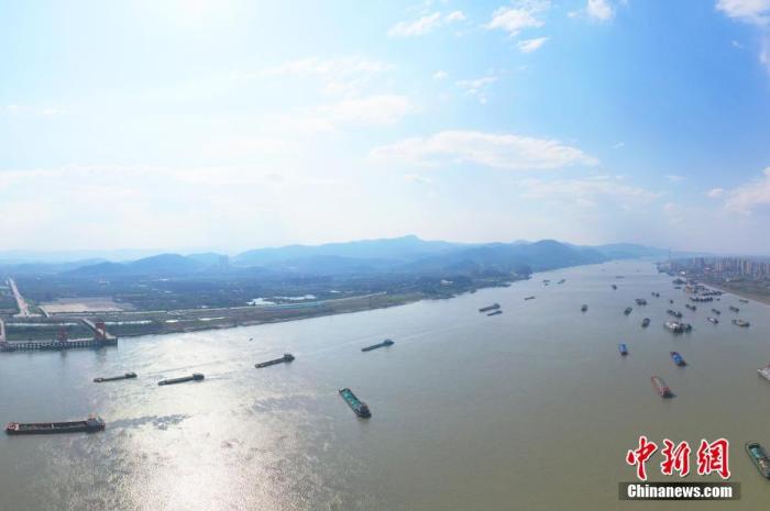 资料图：航拍下的长江江西瑞昌段，长江航道船舶来往不断。 魏东升 摄
