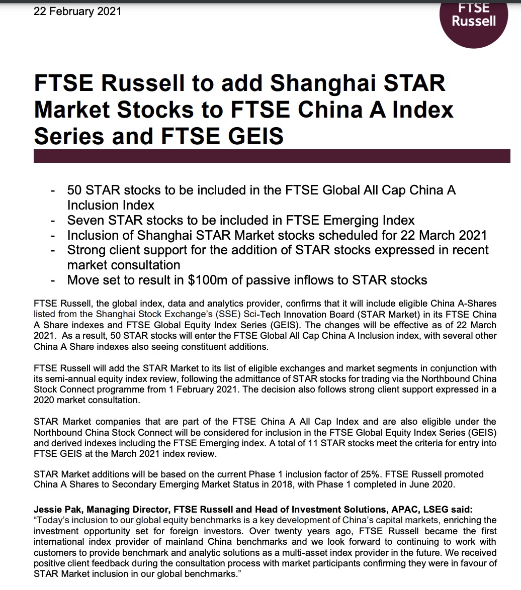 富时罗素3月首度纳入11家科创板公司，1亿美元增量资金上路_手机新浪网