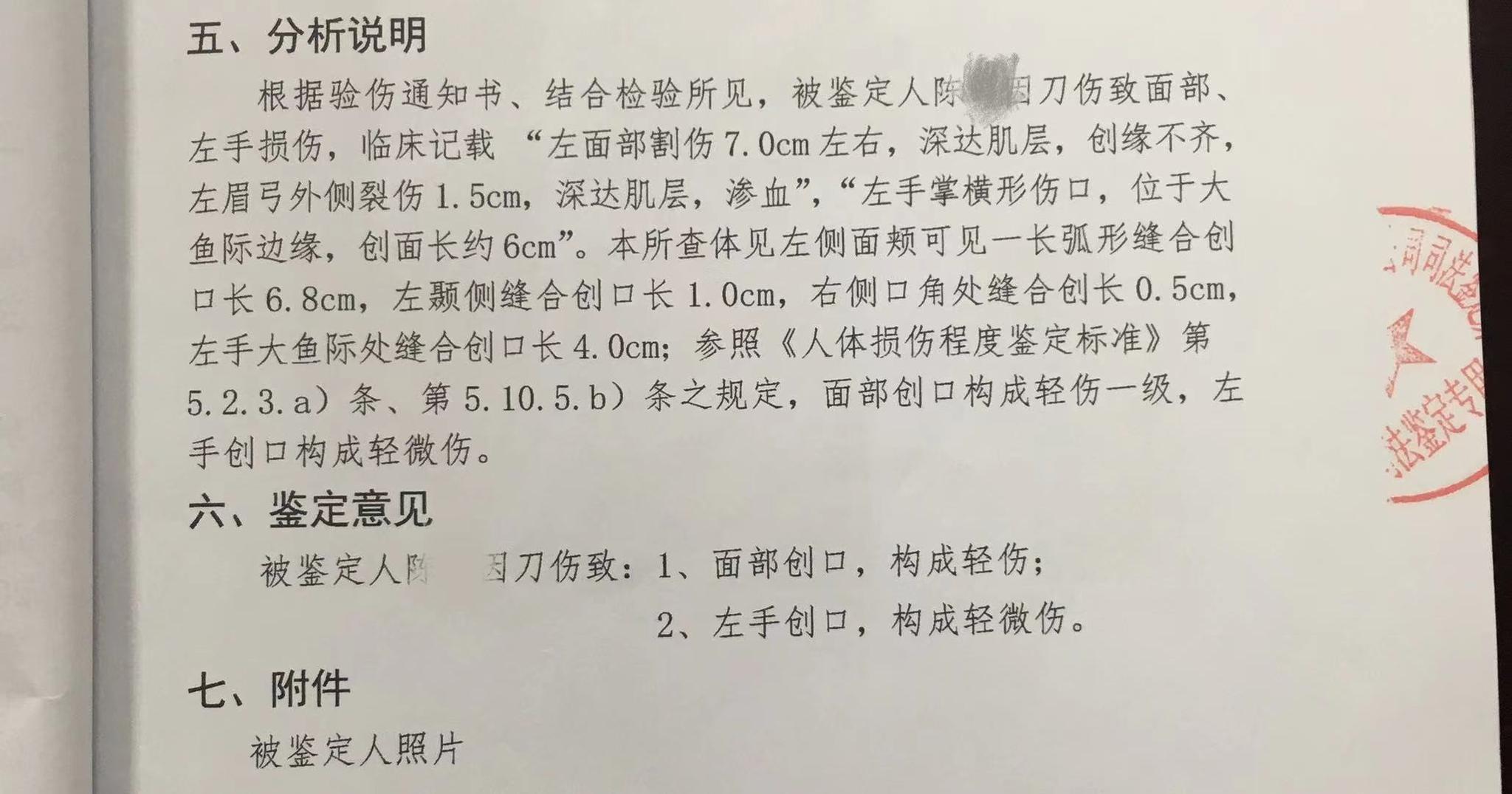 陈某的法医临床司法鉴定意见书.受访者供图