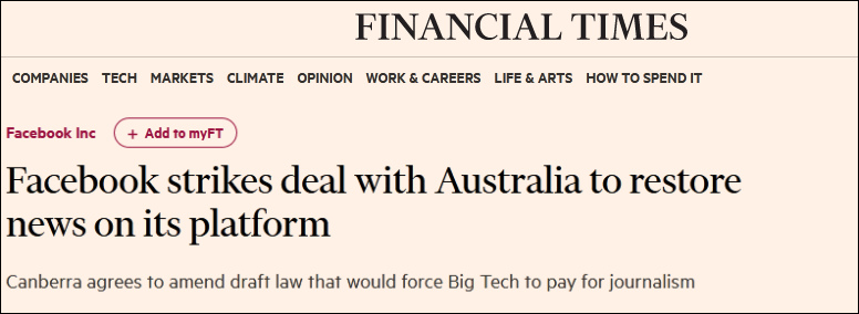 脸书与澳大利亚“重归于好”：将恢复澳用户获取分享新闻