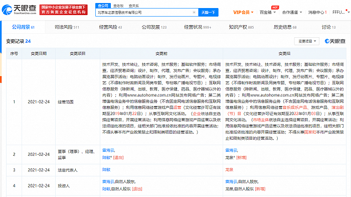 陆敏退出汽车之家关联公司法定代表人 龙泉接任
