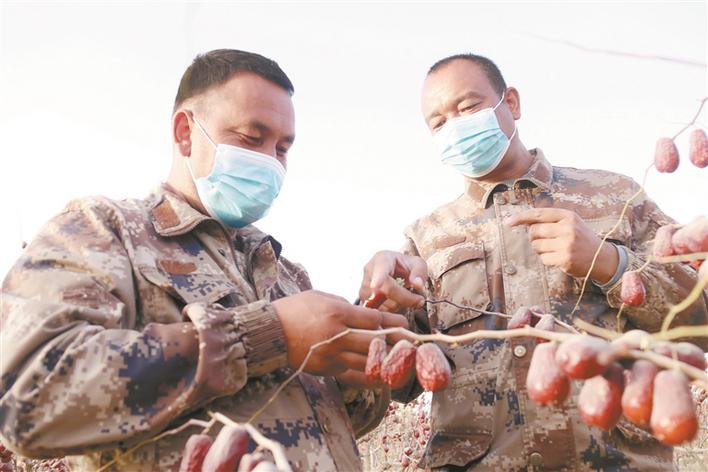 王晓东(左)给连队群众买买提·肉孜指导枣树管理技术(资料图片).