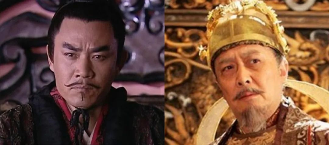 左图为陈宝国在《汉武大帝》中饰演的汉武帝，右图为唐国强在《贞观长歌》中饰演的唐太宗。