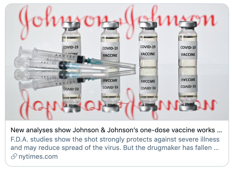 ▲研究显示美国仅需一剂的强生疫苗对重症有效。《纽约时报》报道截图