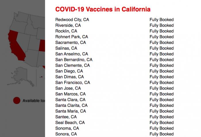 （CVS在加州开放的疫苗注射点显示“预约已满” 截图自：CVS官网）