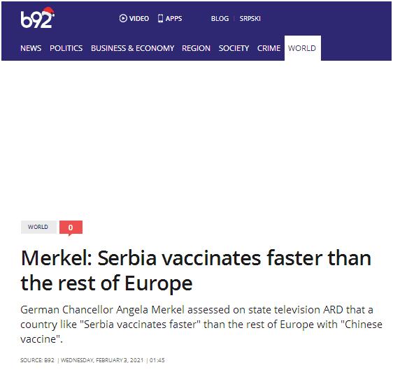 默克尔也明说了：“有了中国疫苗 塞尔维亚的接种速度是更快”