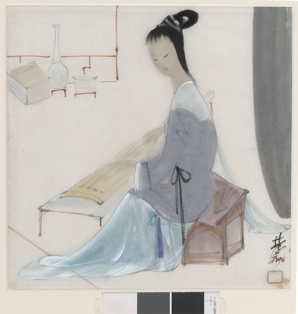 林风眠《弹琴仕女》纸本水墨设色 34×34cm 1950年代 中华艺术宫藏