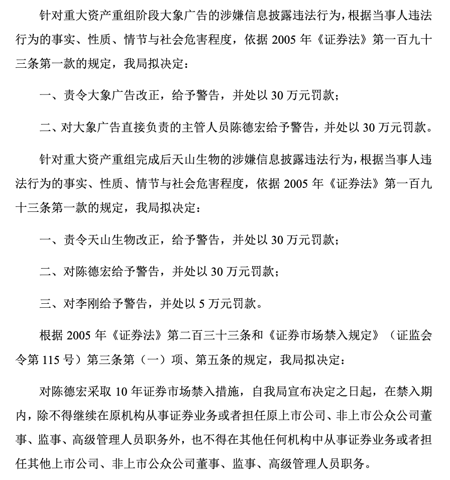 天山生物原董事、大象广告原实控人陈德宏10年内禁入证券市场