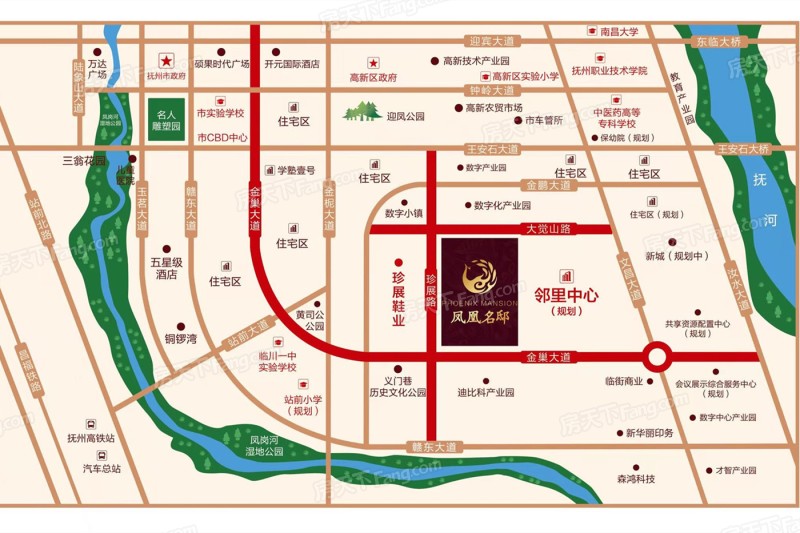 该楼盘位于抚州市高新区珍展路与金巢大道交汇处, 附近有b1路, 交通