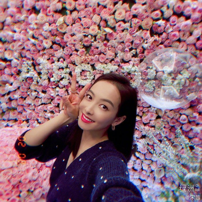 宋茜晒大合照为自己庆生站花墙前可爱比心笑容超甜