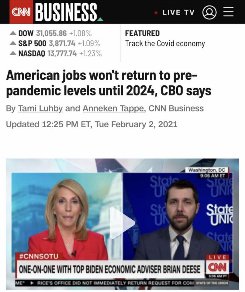 △CNN报道，美国国会预算办公室预测，美国就业市场在2024年才会回到疫情前水平