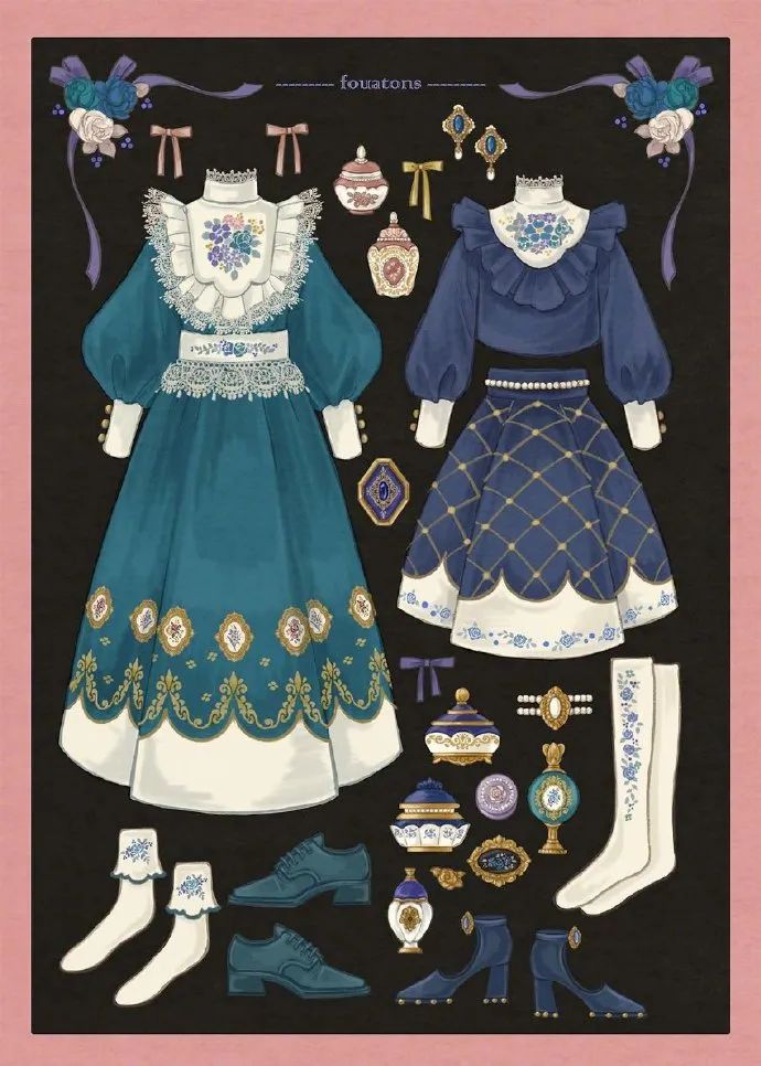 复古穿搭绘画素材参考!像小时候玩的换装贴纸!