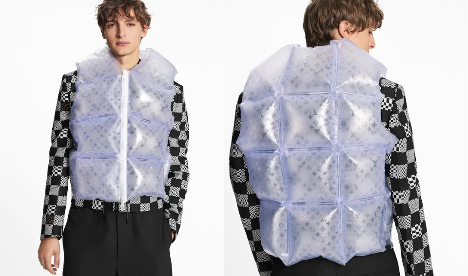 透明pvc和monogram帆布构成充气马甲采用磨砂压纹不愧是同一个"妈"生