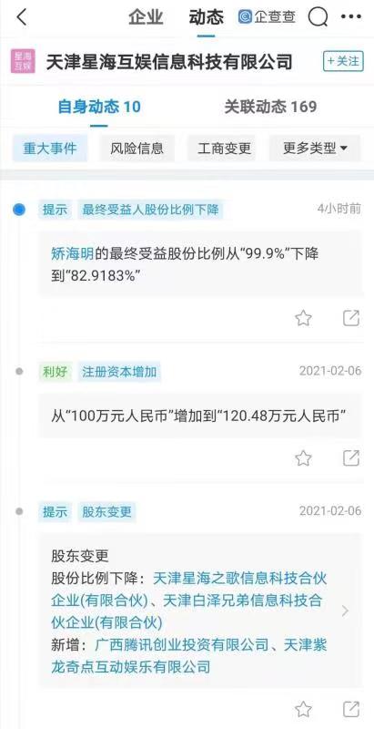 腾讯关联公司入股星海互娱 后者经营范围含动漫游戏开发等