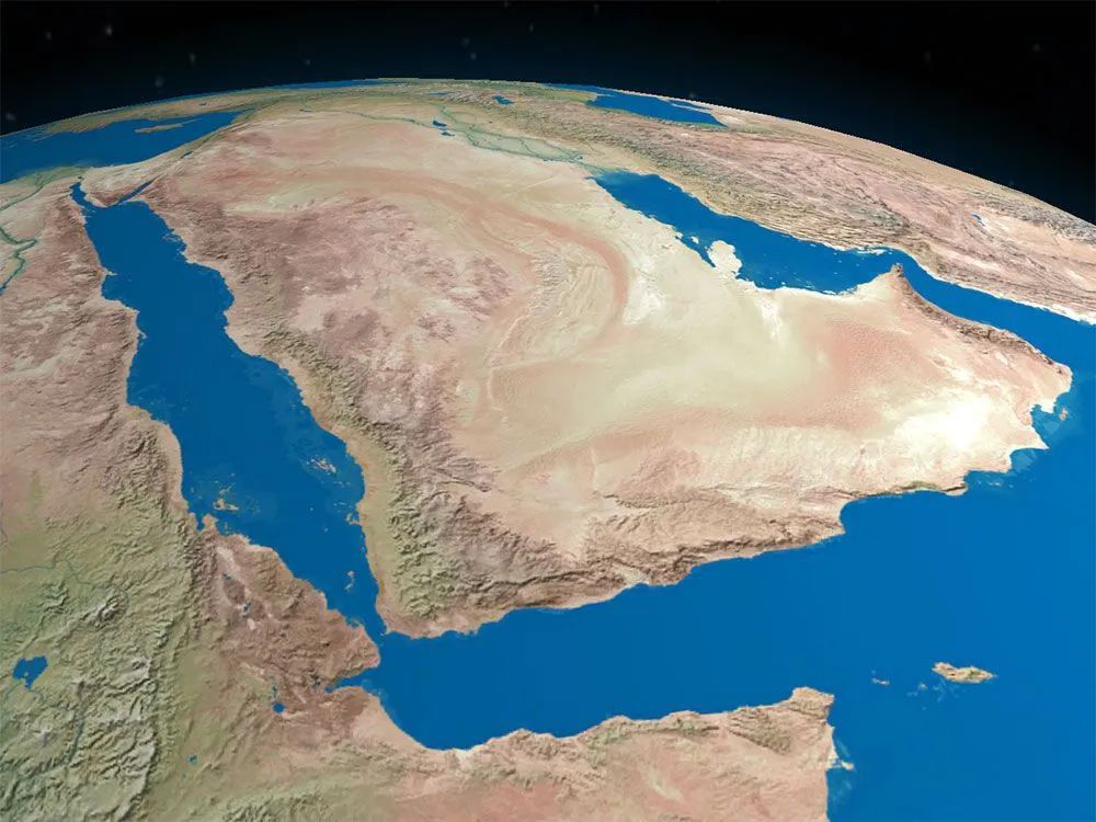阿拉伯半岛卫星视图的数字化渲染，据信人类在大约5.5万年前从非洲移民到这里