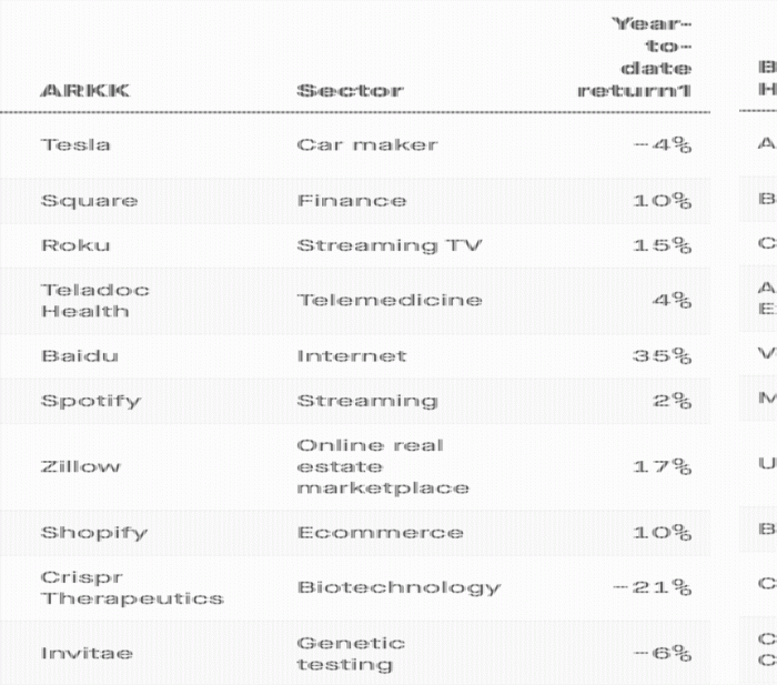图为ARKK和BRK.A分别持仓的10支普通股股票