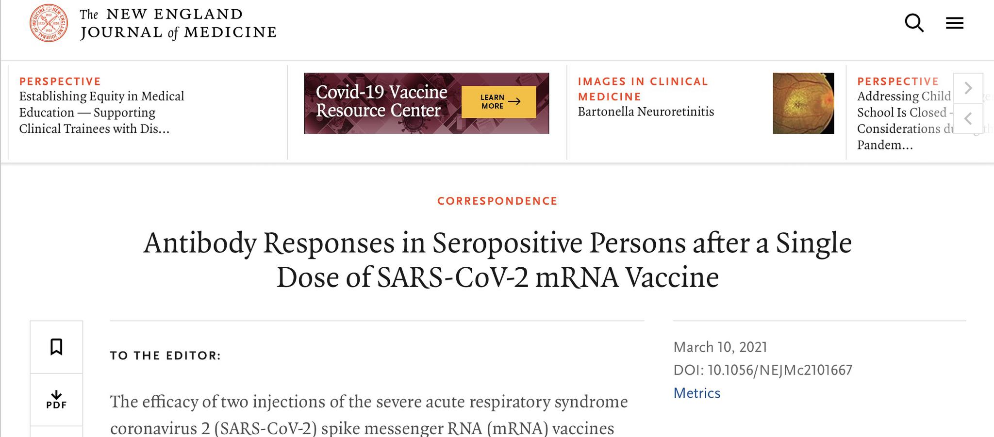 《新英格兰医学杂志》研究：新冠康复者或只需接种一剂mRNA疫苗