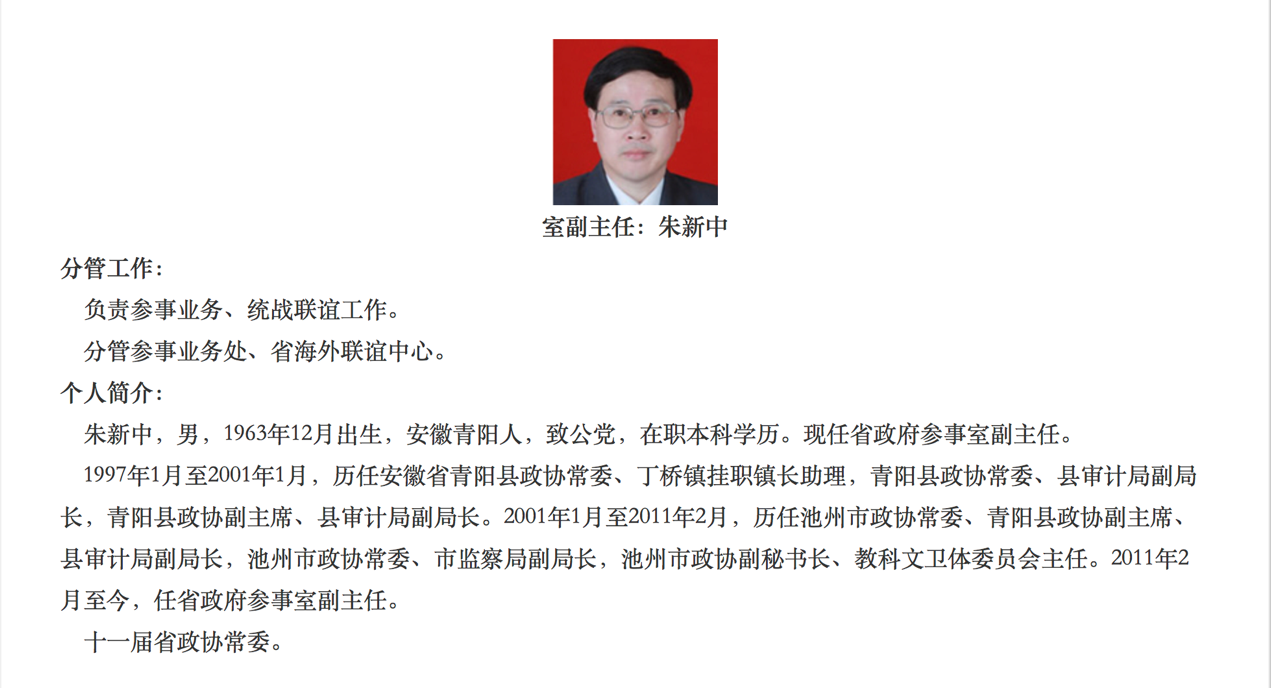 朱新中简历 安徽省政府参事室（文史研究馆）官网3月5日页面截图