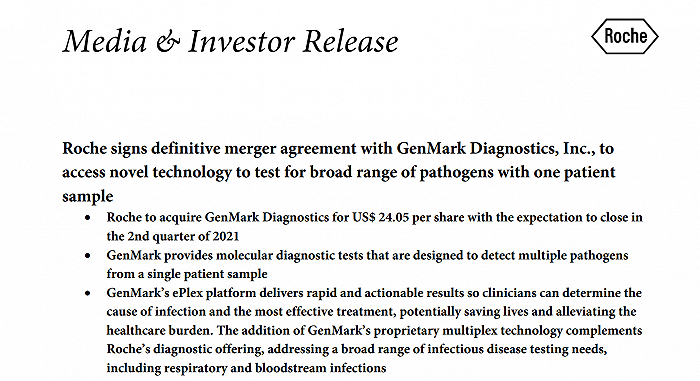 分子诊断公司GenMark获罗氏18亿美元要约收购，盘前涨近30%