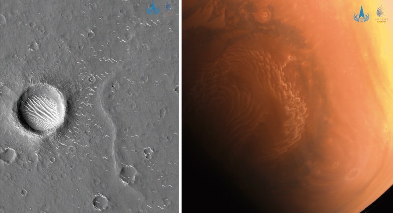 2021年3月4日,国家航天局发布3幅由我国首次火星探测任务“天问一号”探测器拍摄的高清火星影像图。左图为其中一幅全色图像,由高分辨率相机在距离火星表面约330千米至350千米高度拍摄,分辨率约0.7米,成像区域内火星表面小型环形坑、山脊、沙丘等地貌清晰可见;右图为彩色图像,由中分辨率相机拍摄,画面为火星北极区域。 新华社发 国家航天局供图