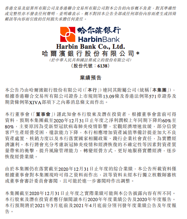 哈尔滨银行：预计去年净利润同比下降60%至80%