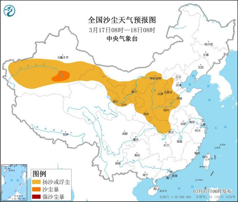 全国沙尘天气预报图(3月17日8时-18日8时)