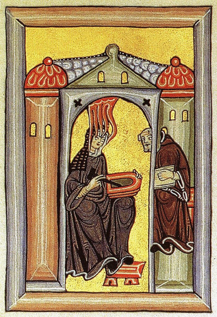 德国历史上的著名修女宾根的希尔德加德12世纪时就曾提到过啤酒花，并将它加入了自己的啤酒配方。图为希尔德加德及一名修士。图片来源：Public Domain