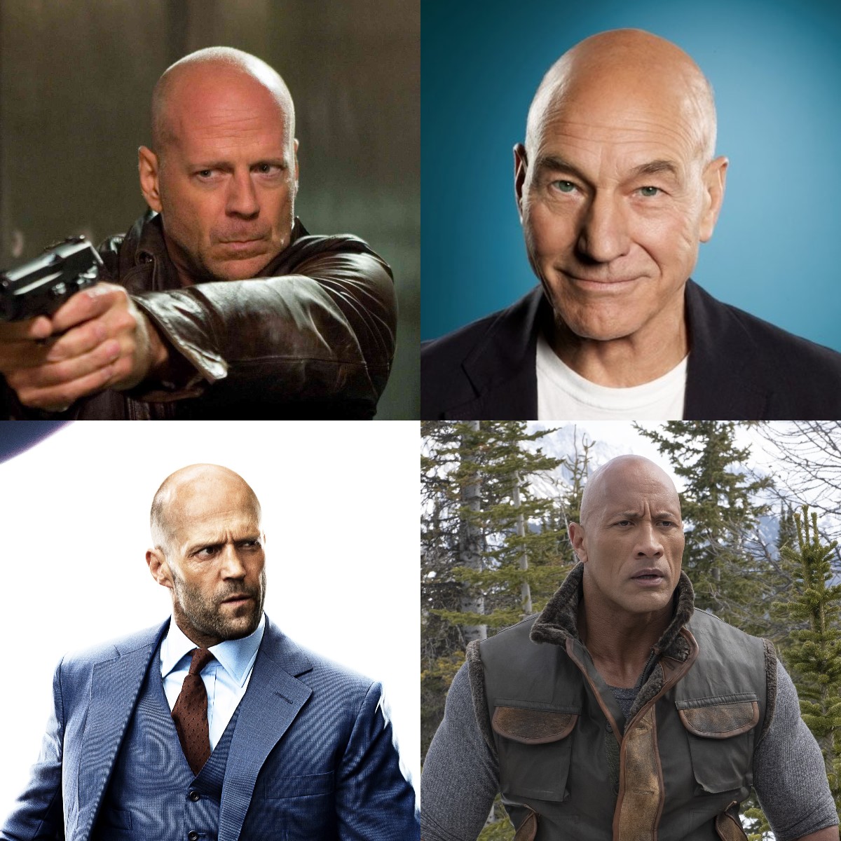 答案:左上布鲁斯威利斯,右上帕特里克·斯图尔特,左下杰森·斯坦森,右