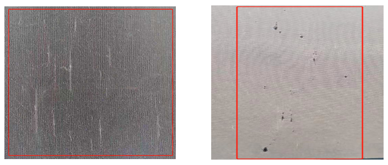 ▲上图所示样品测试后在黑色背景衬托下，左图显示样品有的丝线被勾紧，有的出现较长勾丝的现象，紧纱段及长勾丝。右图中明显有黑洞出现，为破洞现象。而产品网页上防勾丝的宣传明显比较夸张。