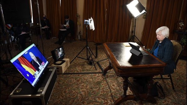 耶伦3月19日参加G7财长视频会议。（美国财政部网站）