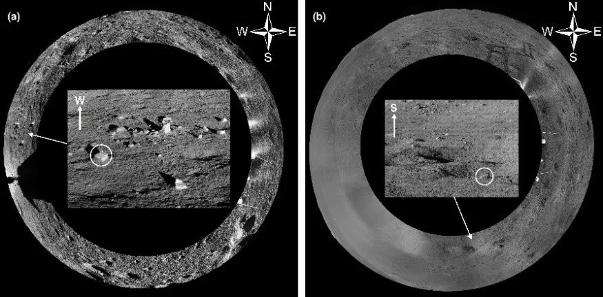 图 2“玉兔二号”月球获取的全景影像镶嵌图：(a)第3月昼；(b)第13月昼