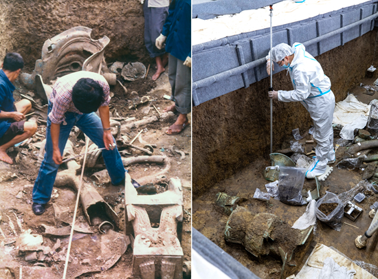 左图为1986年,考古人员用传统的测量工具在三星堆遗址考古发掘现场