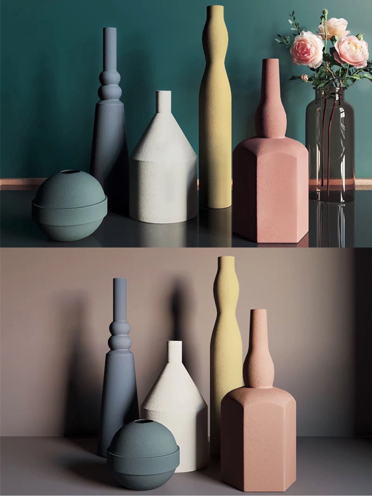 莫兰迪色给人一种温柔的精神慰藉,而搭配创意的造型,让一件简单的花瓶