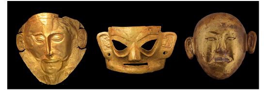 左图:"阿伽门农的金面具",出自希腊国家考古博物馆;中图:金沙遗址出土