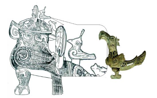 左图:商代妇好墓出土的鸮尊线描图,现藏河南博物院;右图:三星堆遗址