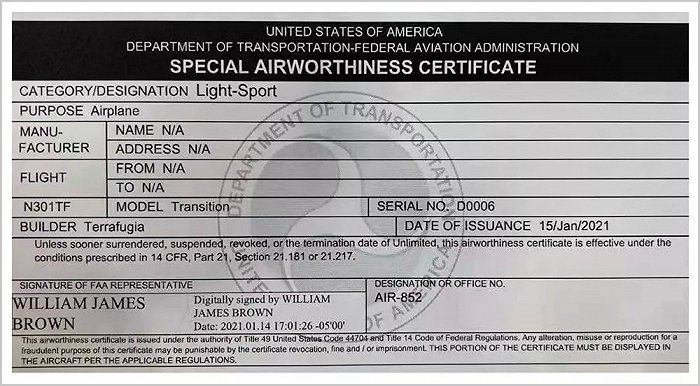 FAA颁发给太力飞车的适航证书图片来源：吉利科技