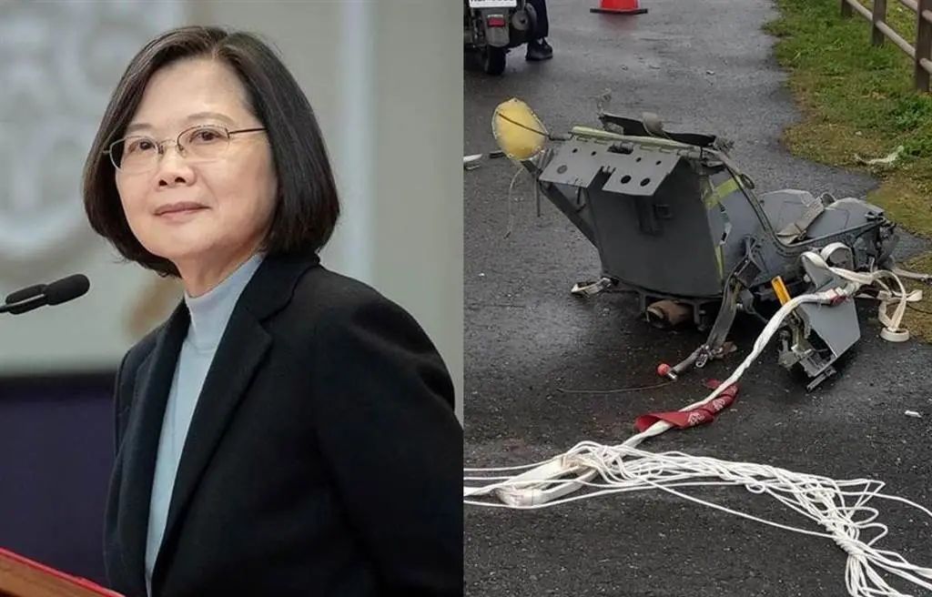 蔡英文和警方寻获的失事军机座椅 图自台湾中时新闻网