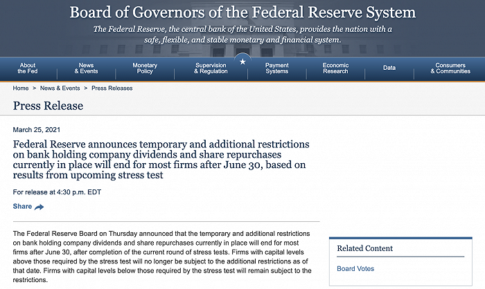 美联储预告6月解除银行派息及回购限制 银行股盘后纷纷上涨