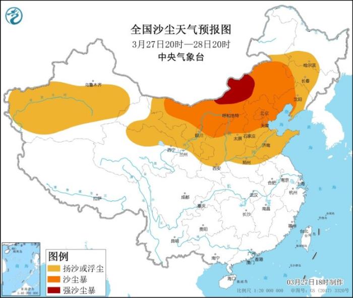 全国沙尘天气预报图(3月27日20时-28日20时)来源：中央气象台