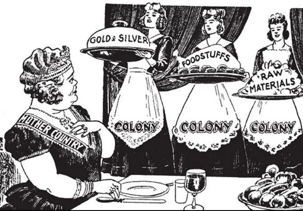 图为讽刺宗主国依靠所谓的规则与秩序来剥削殖民地的漫画.