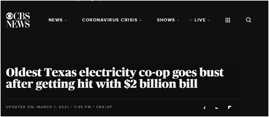 暴风雪过后面临20亿美元账单 美国得州最大电力合作社申请破产
