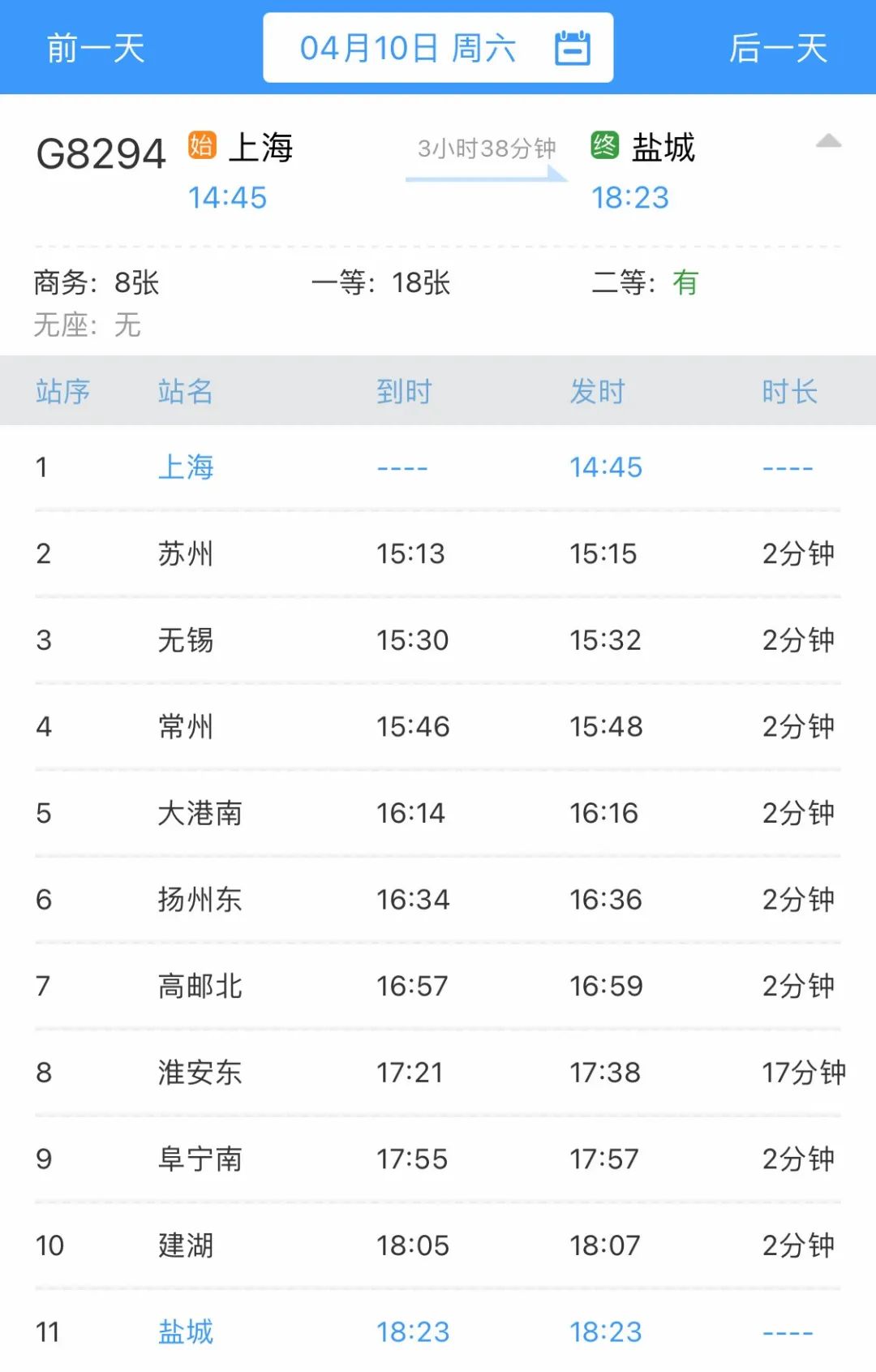 上海～盐城g8294/5 g8296/3次1对,盐城首次开行途经苏州,无锡,常州三