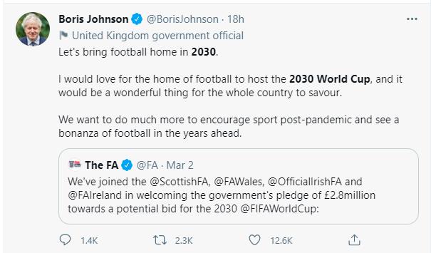 首相支持 英国2030年要带足球“回家”