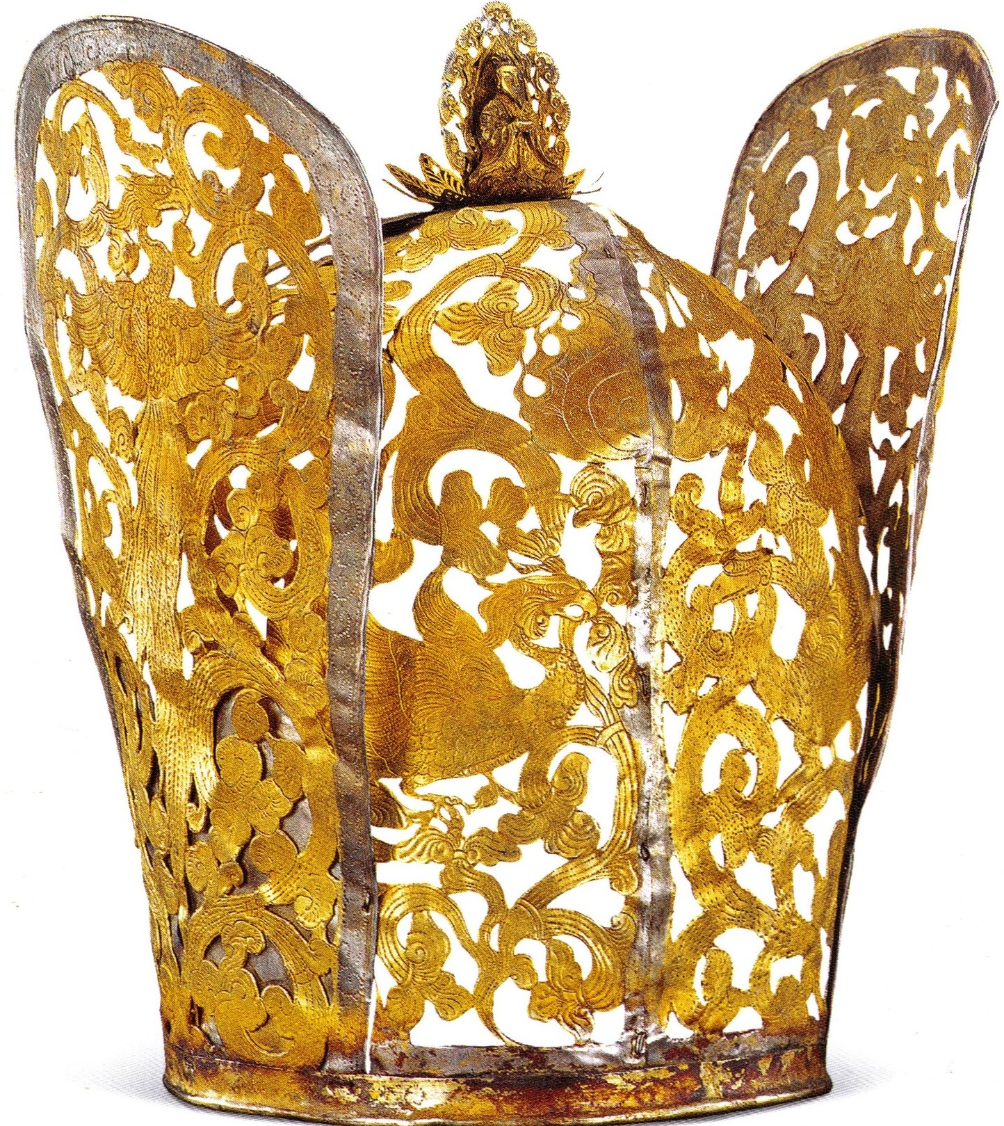 ▍辽代高翅鎏金银冠(内蒙古辽墓出土)辽代皇后应该戴镂空凤鸟纹金冠