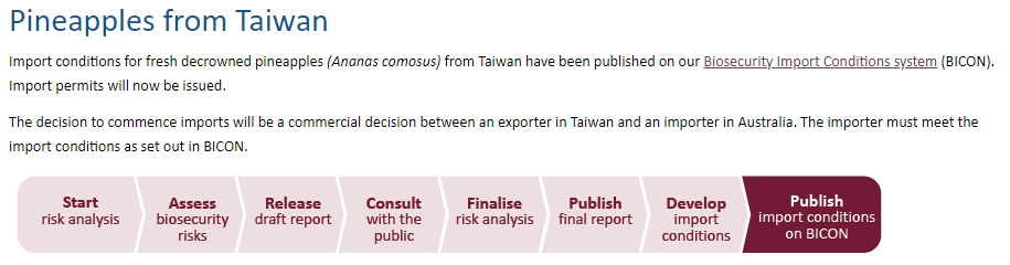 澳进口台湾新鲜去冠芽菠萝程序截自澳政府官网